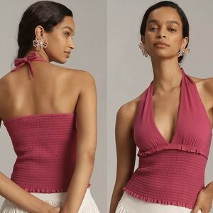 NWT $68 Anthropologie Raspberry The Danika Smocked Halter Tie Neck Tank Top XL